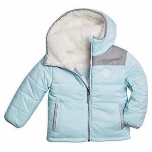 NWT Gerry Kids Reversible Puffy Jacket Size: 4T Faux Fur Hood Teal/Cream/Gray